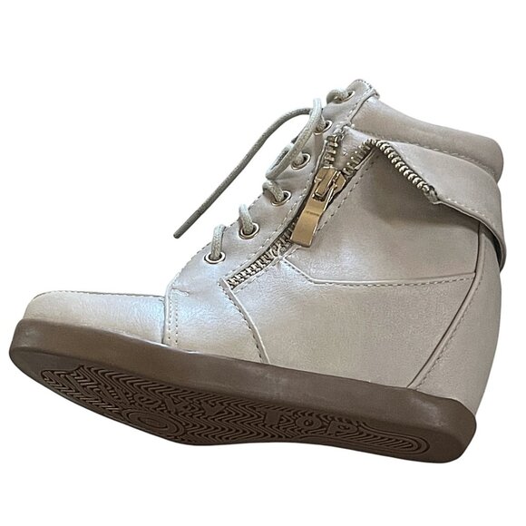 Lucky Top Kids Girls Leatherette Lace-Up High Top Hidden Wedge Beige Sneakers - Picture 7 of 8